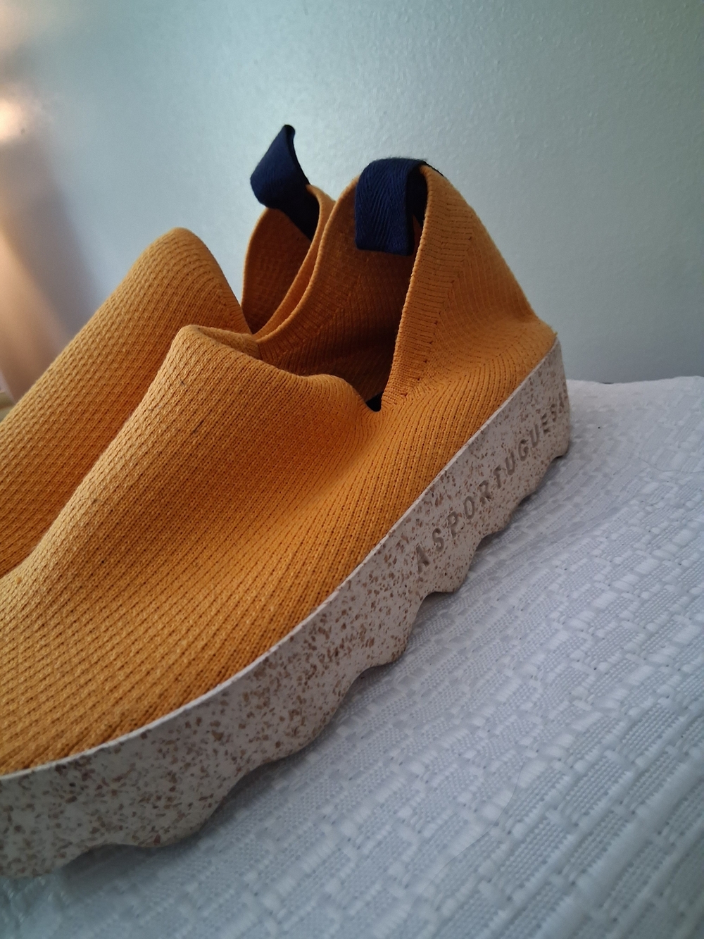 Asportuguesas Slip-On Knit Platform Sneakers in Mustard Navy Pull Tab